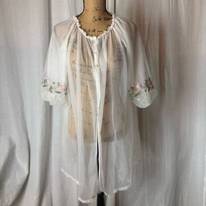Vintage Peignor Robe Coverup Sheer White Embroidered Floral Sleeves Size S/M